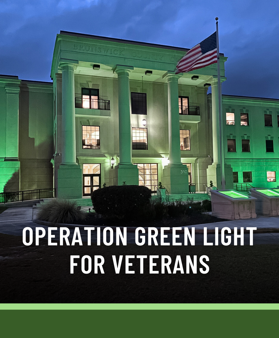 Brunswick County Courthouse lit green in support of Operation Green Light for Veterans.
