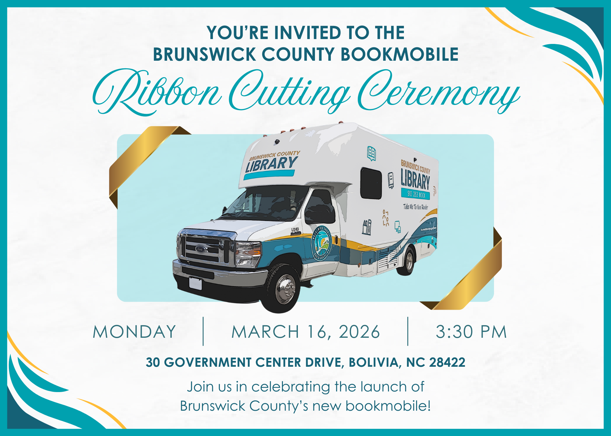 The public is invited to the Brunswick County Bookmobile Ribbon Cutting Ceremony on March 16, 2026.