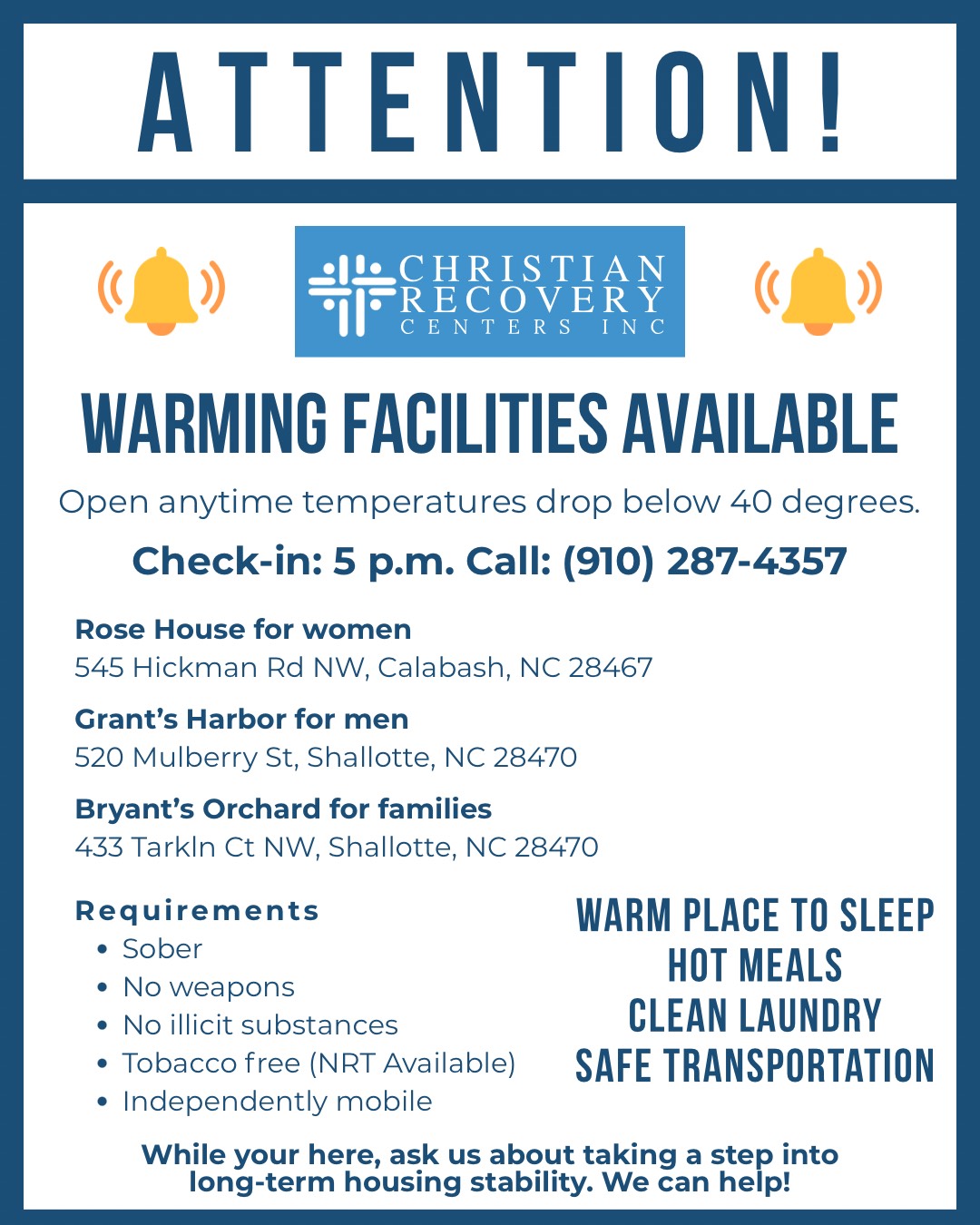 Christian Recovery Centers, Inc (CRCI) Warming Facility information in Brunswick County.
